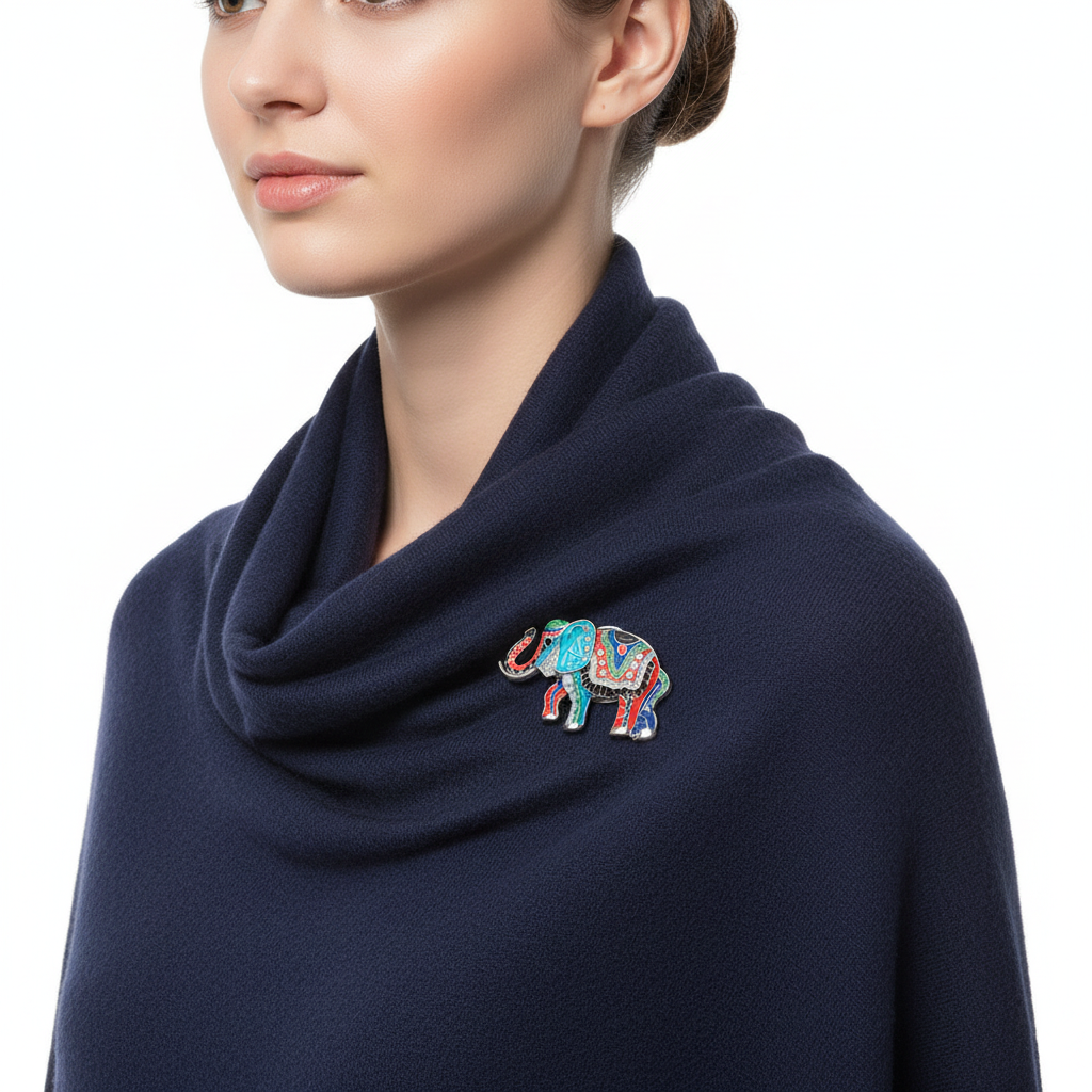 Elephant Brooch on Navy Scarf