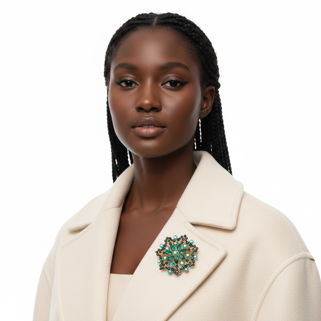 Emerald brooch front - Black woman cream coat