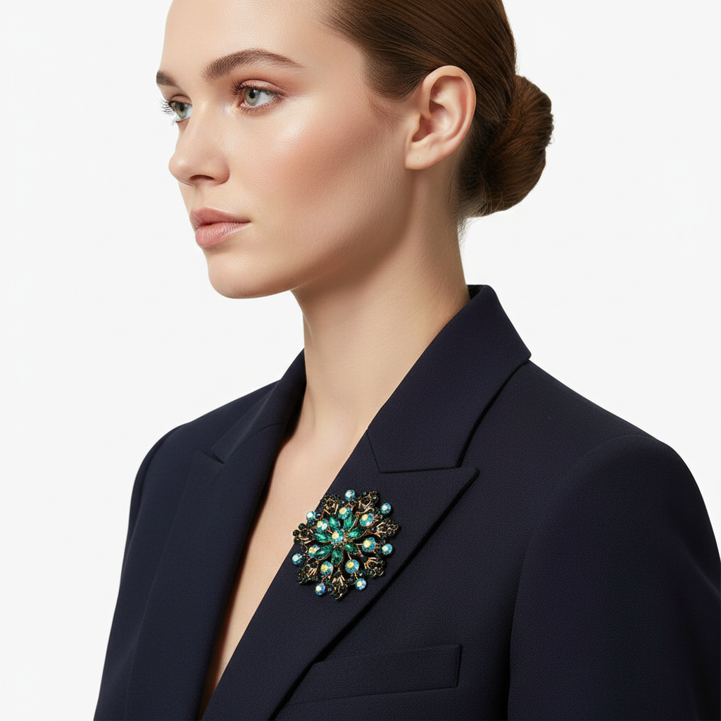Emerald brooch side - light skin navy blazer