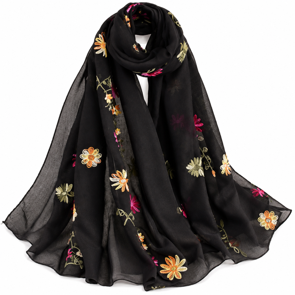 2-Piece Floral Embroidered Scarf Set, Black & Red