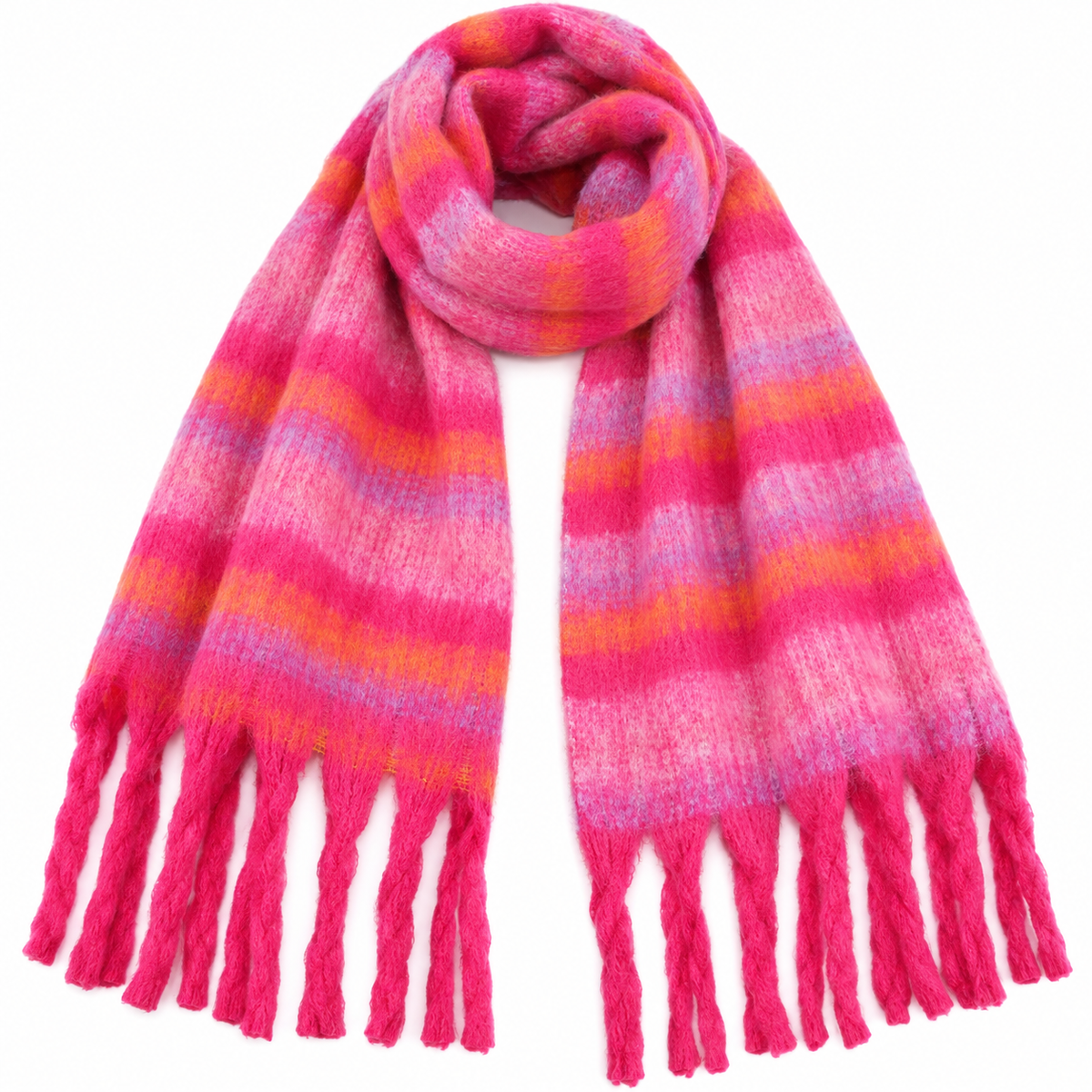 Women's Pink Striped Knitted Tassel Scarf Winter Warm Cozy Pashmina Shawl