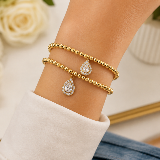 Gold Beaded Stretch Bracelet with CZ Teardrop Charm