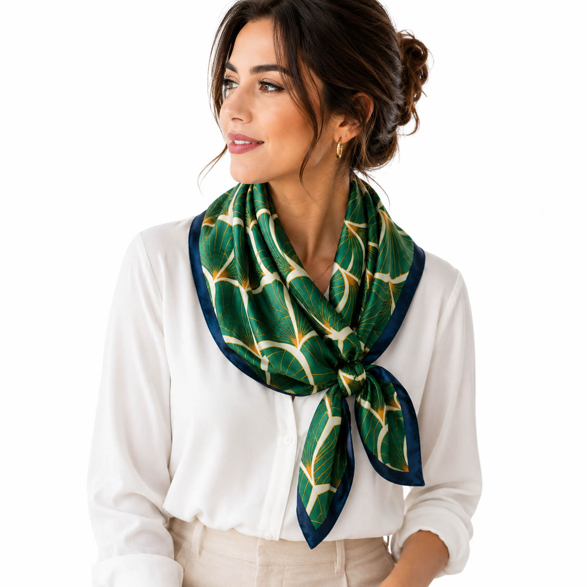 Green Art Deco Leaf Print Satin Silk Feel Square Scarf | Women's Neck Scarf, Head Wrap & Shawl
