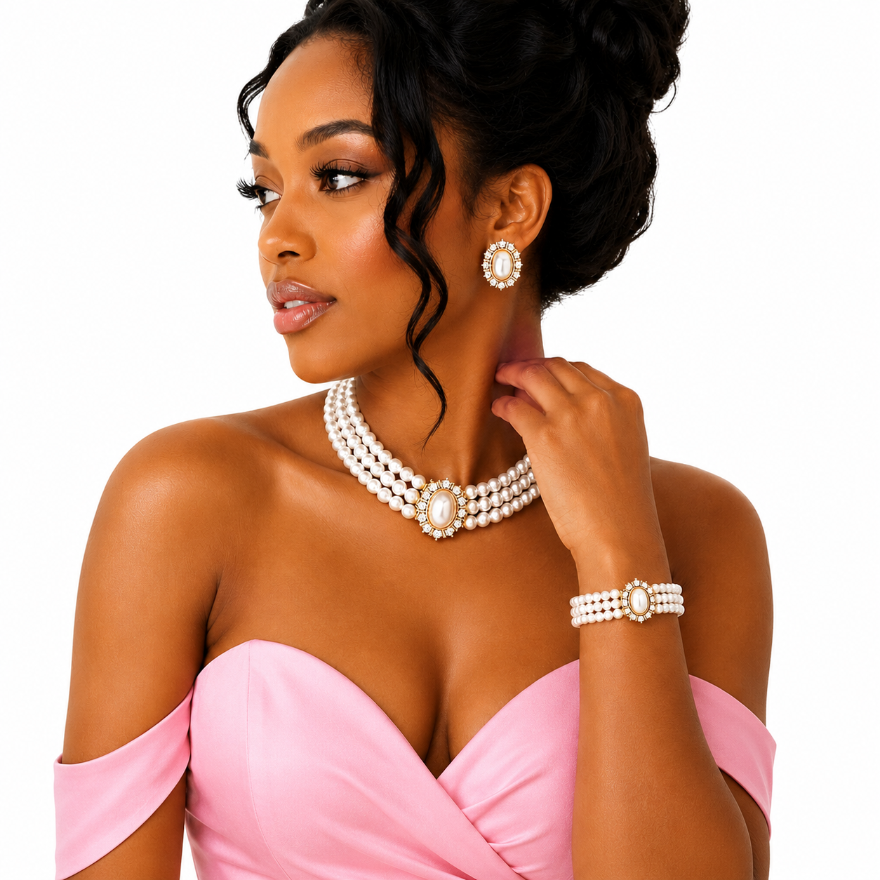 3pcs Pearl Rhinestone Necklace Earrings Bracelet Wedding Guest Jewelry Set