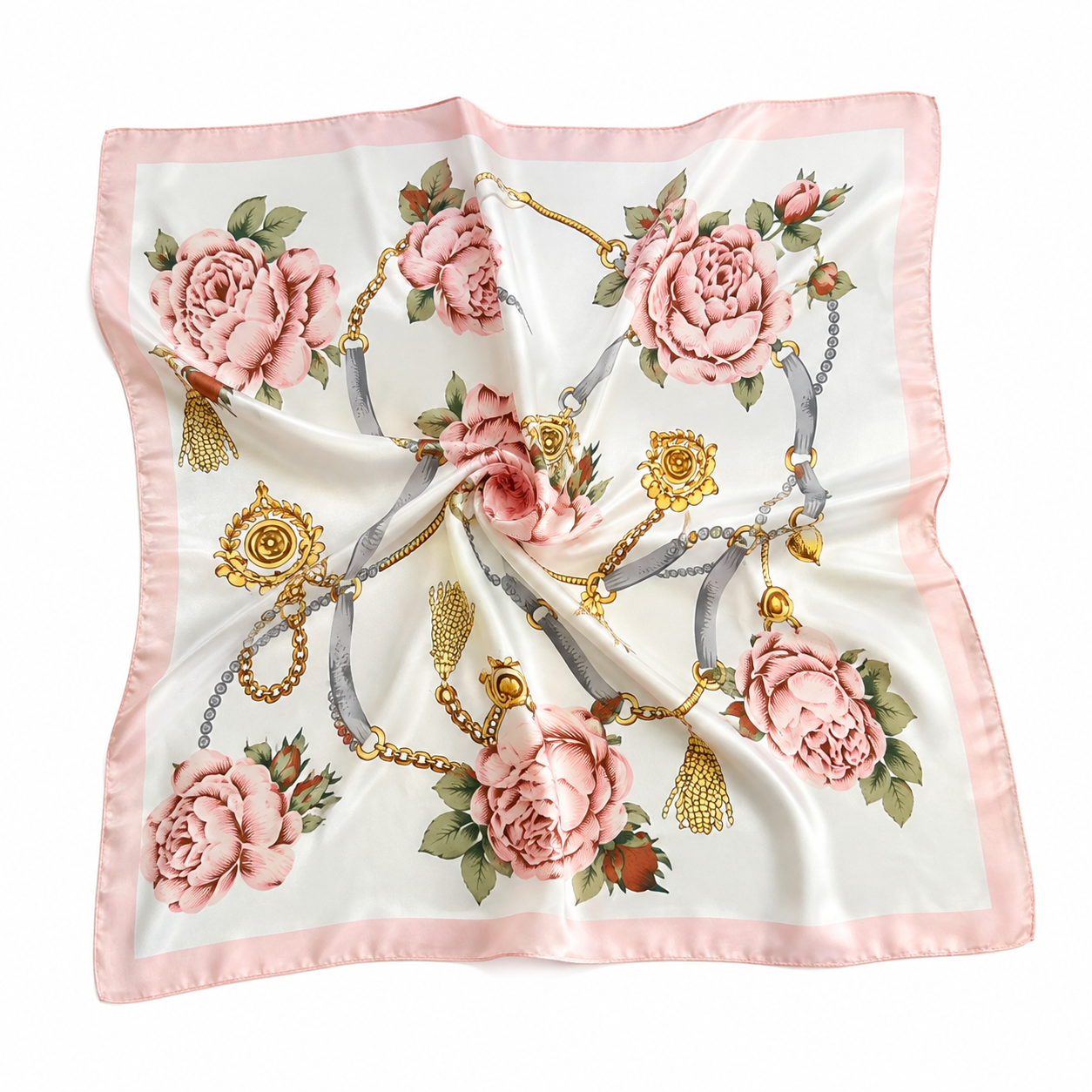 Floral Rose Silk Blend Square Scarf | Pink Gold Chain Print | 35" x 35"