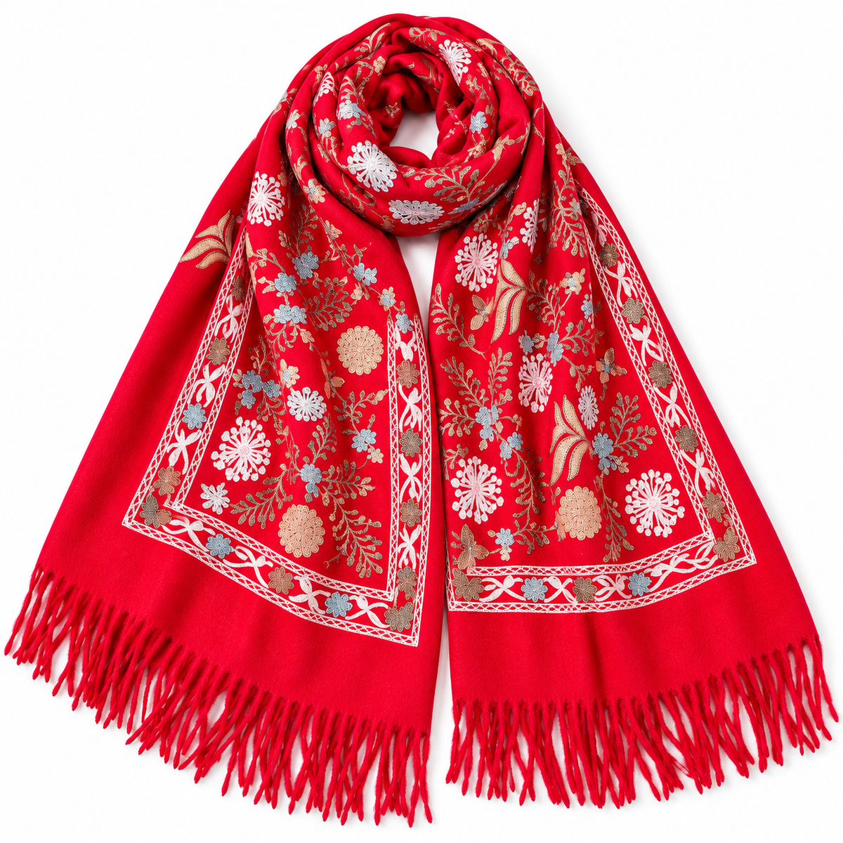 Women's 3-Piece Floral Embroidered Scarf Set in Red, Black & Ivory