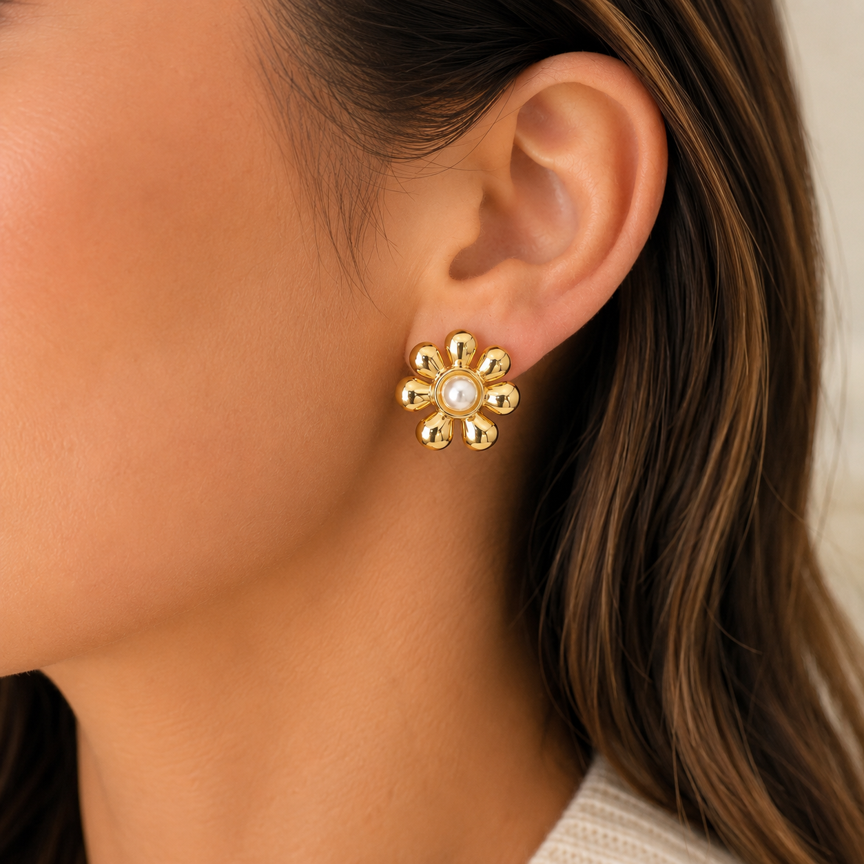 Waterproof Stainless Steel Gold Pearl Flower Stud Earrings