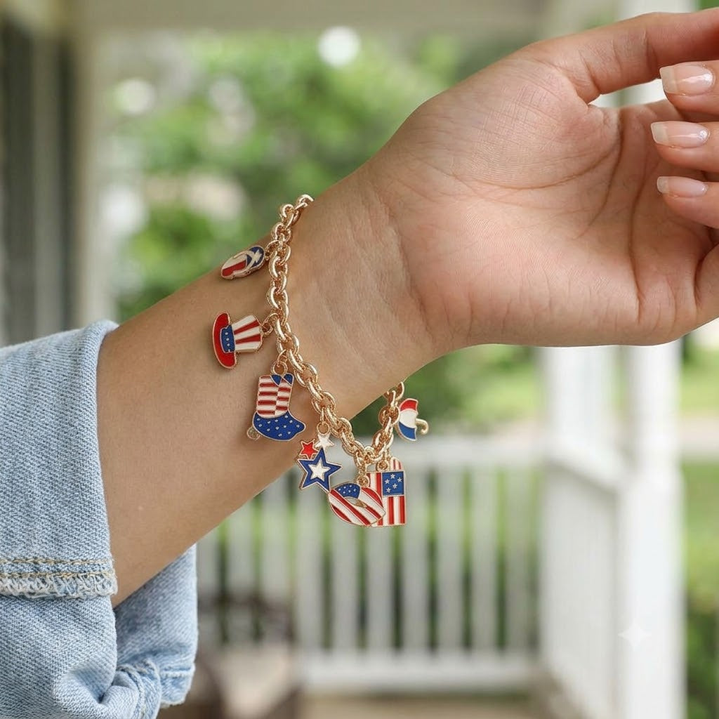 Patriotic Charm Bracelet USA Flag Heart Star Lip Hat Gold Tone Chain Bracelet Adjustable Statement Jewelry