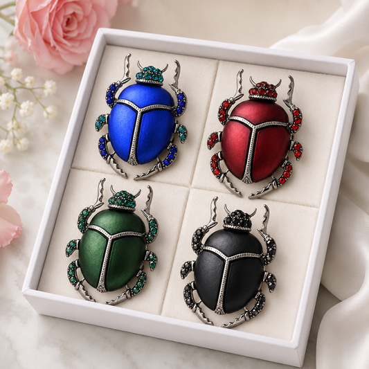 4 Piece Rhinestone Scarab Beetle Brooch Pin Set | Blue, Red, Green & Black Insect Pins