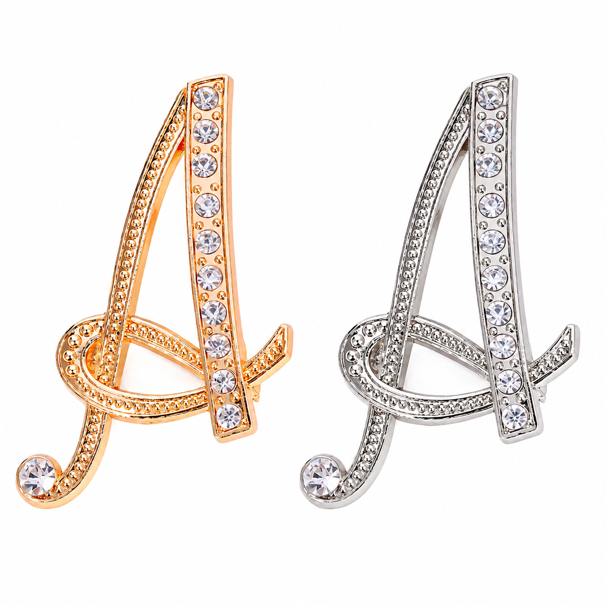 2pcs Letter A Brooch Set Rhinestone Initial Pins Gold Silver Tone Jewelry for Women
