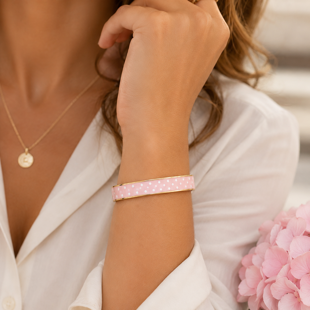 Gold and Pink Polka Dot Enamel Hinged Bangle Bracelet for Women Vintage Inspired Fashion Jewelry