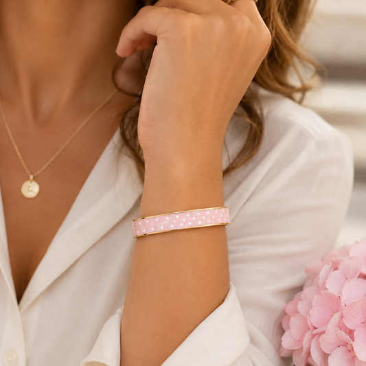 Gold and Pink Polka Dot Enamel Hinged Bangle Bracelet for Women Vintage Inspired Fashion Jewelry