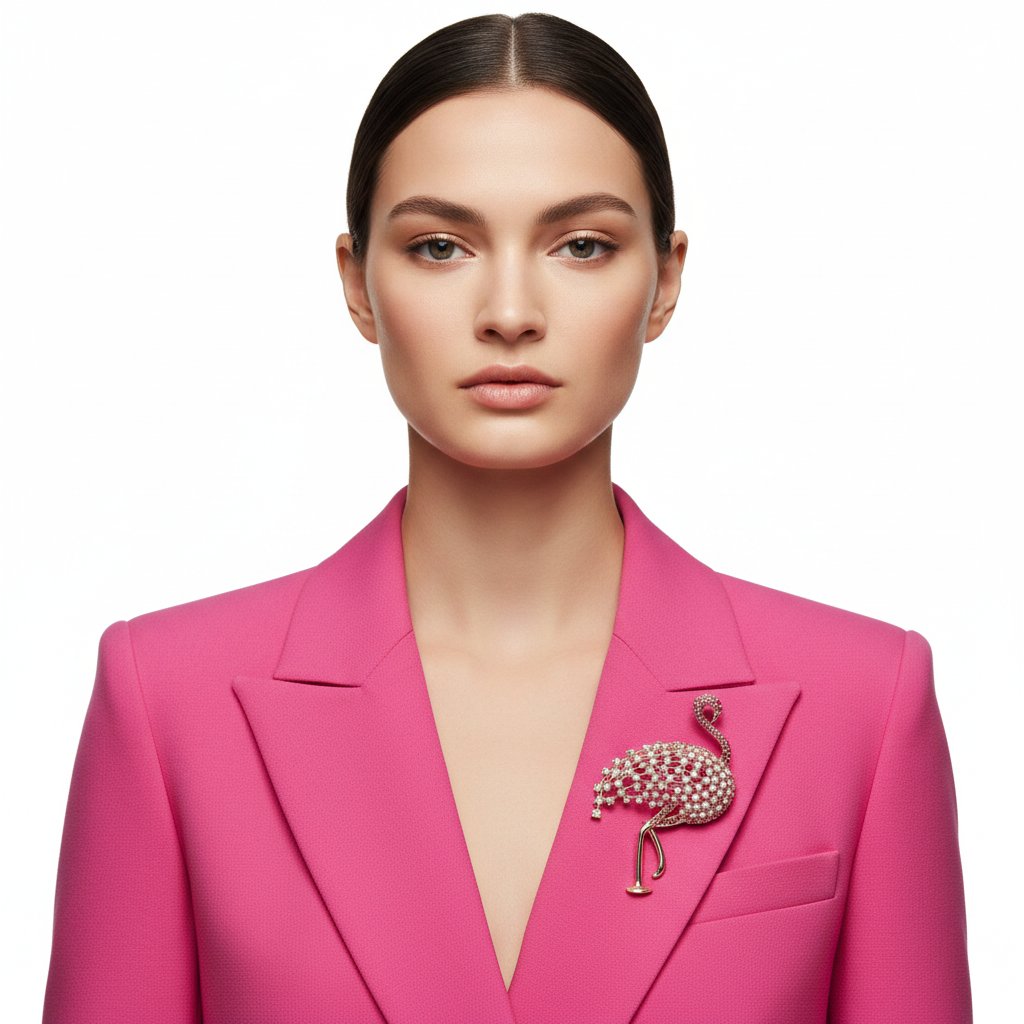 Flamingo Brooch on Hot Pink Blazer - Front