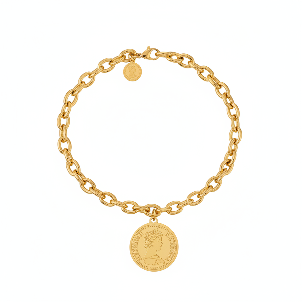 Flat lay — Queen Elizabeth II coin pendant chain necklace