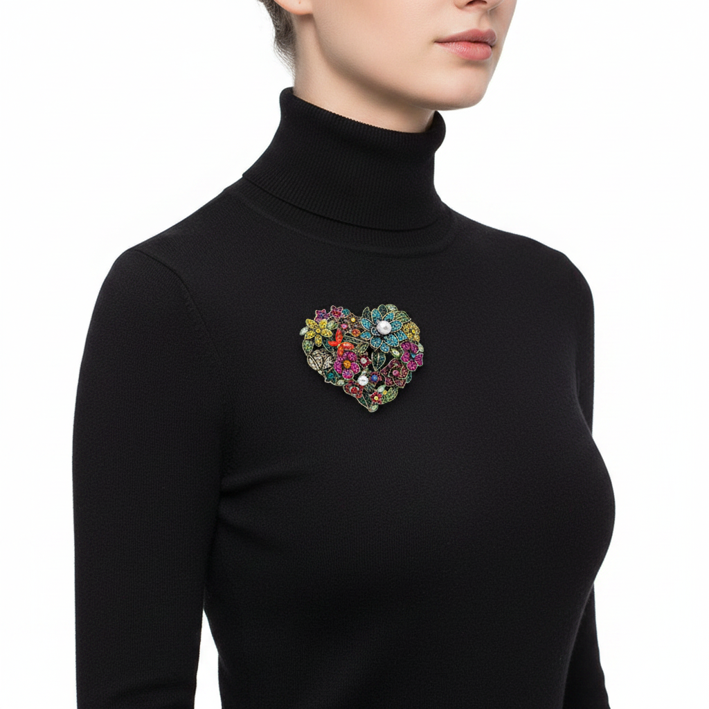 Floral Heart Brooch – Black Turtleneck Side