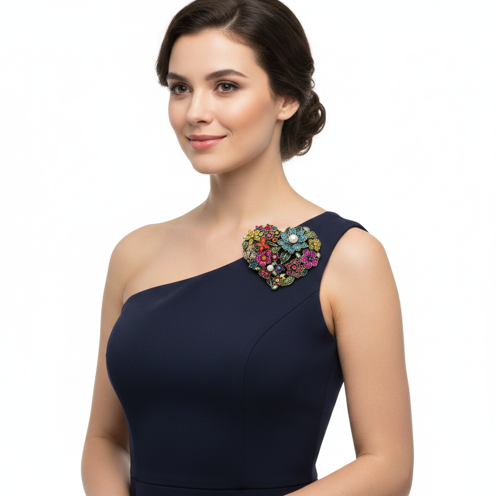 Floral Heart Brooch – Navy Dress Three-Quarter