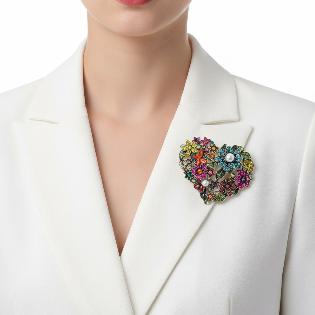 Floral Heart Brooch – White Blazer Front