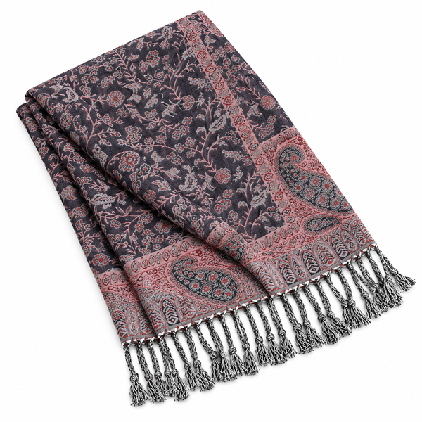 Women’s Black & Pink Floral Paisley Scarf with Fringe