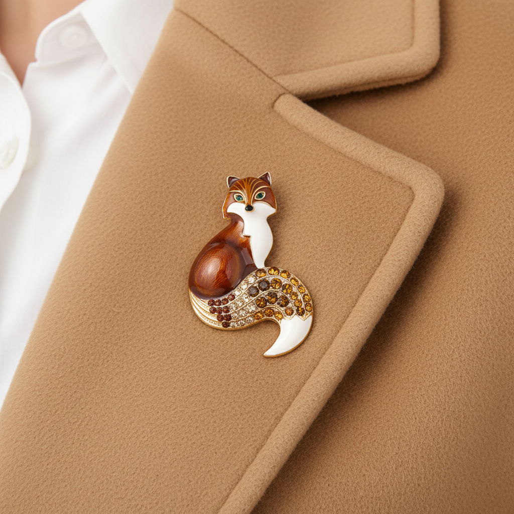 Fox Brooch on Camel Coat