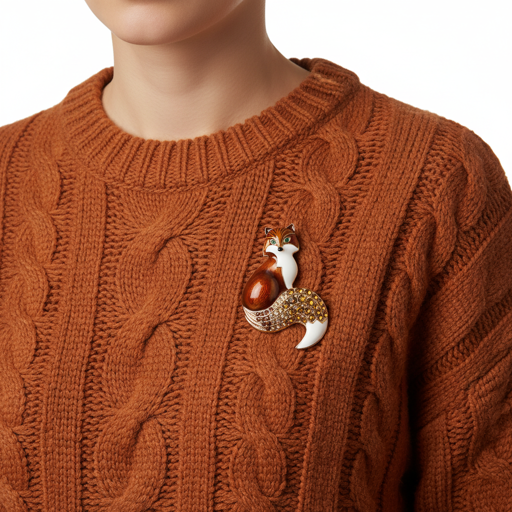 Fox Brooch on Rust Sweater