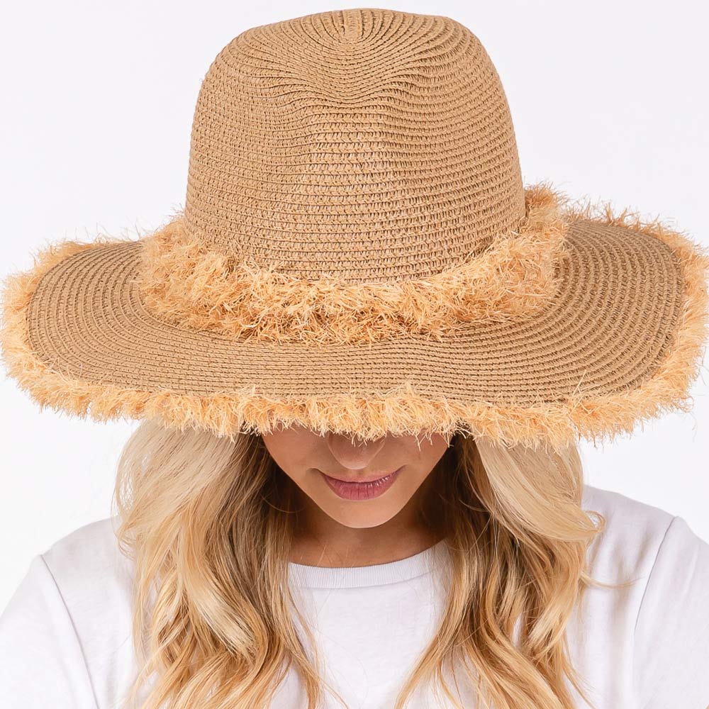 Rustic Frayed Straw Hat with Decorative Band