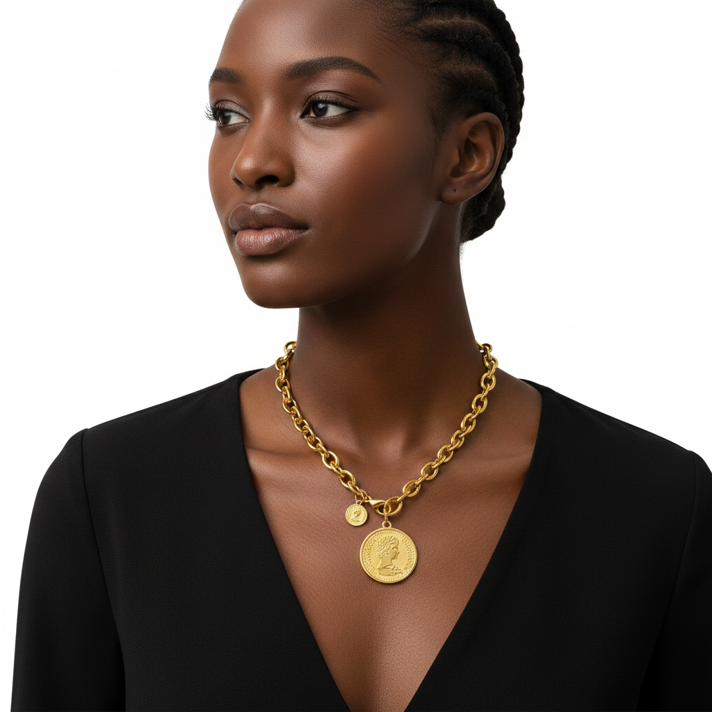 Front — Black woman wearing coin pendant necklace