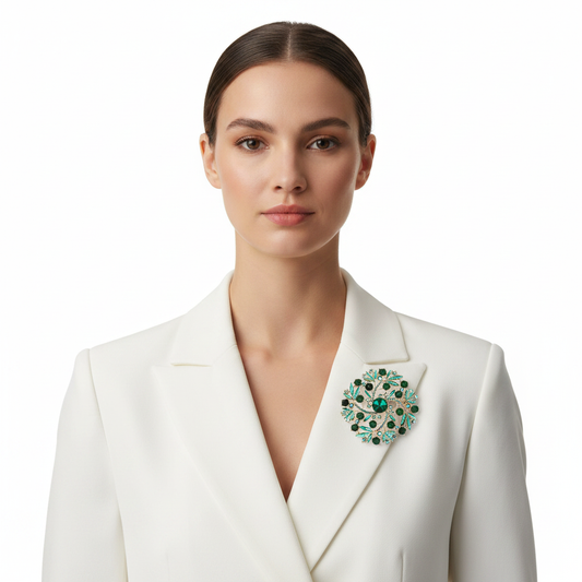 Front – Emerald Brooch on Blazer