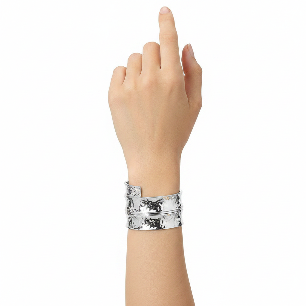 Front lifestyle — Bold Wide Hammered Silver Bangle