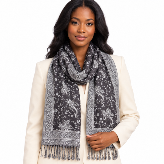 Front lifestyle view of gray paisley scarf