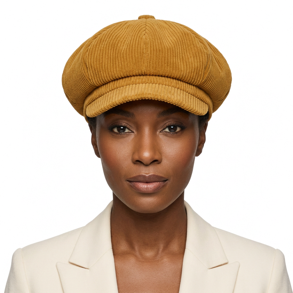 Front lifestyle view of mustard corduroy newsboy cap