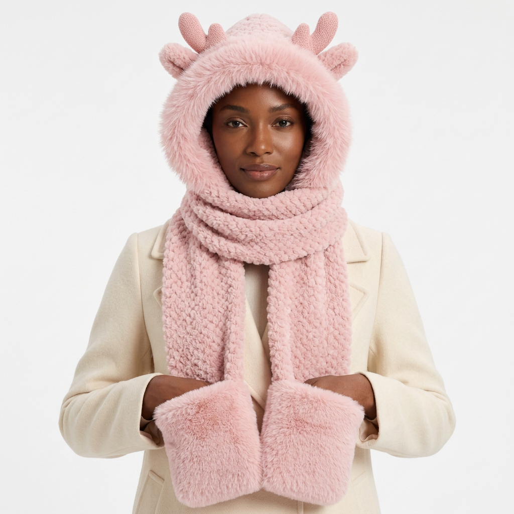 Front lifestyle view of pink plush hooded scarf