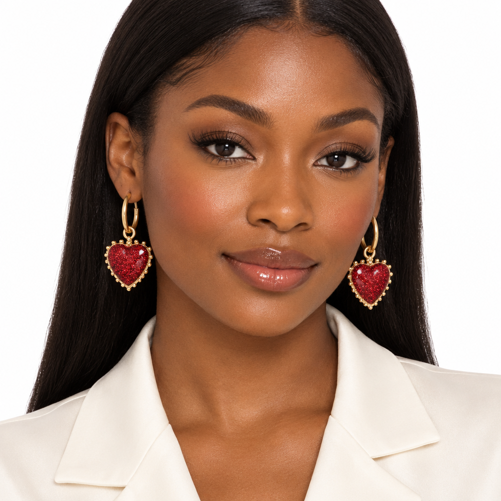 Front lifestyle view of the red heart earrings