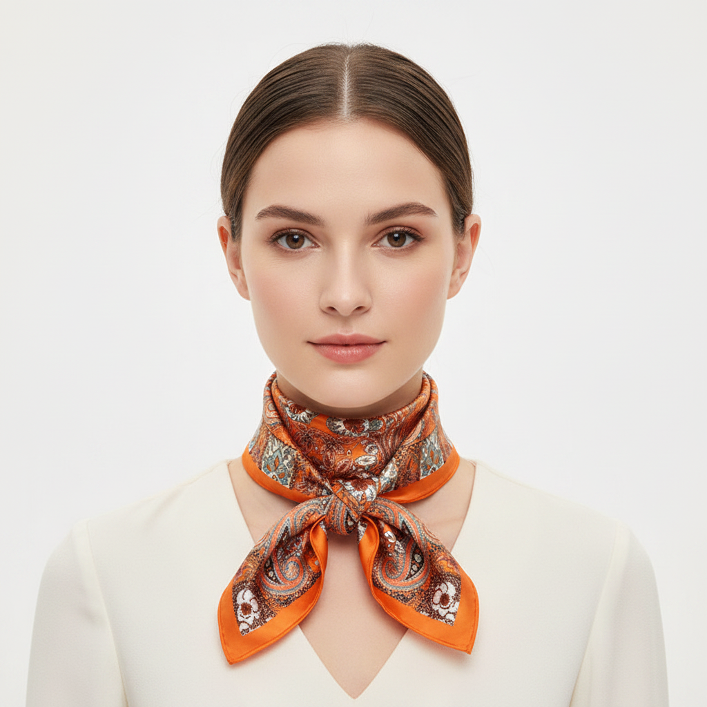 Woman wearing orange paisley silk-feel square scarf tied at neck, front view