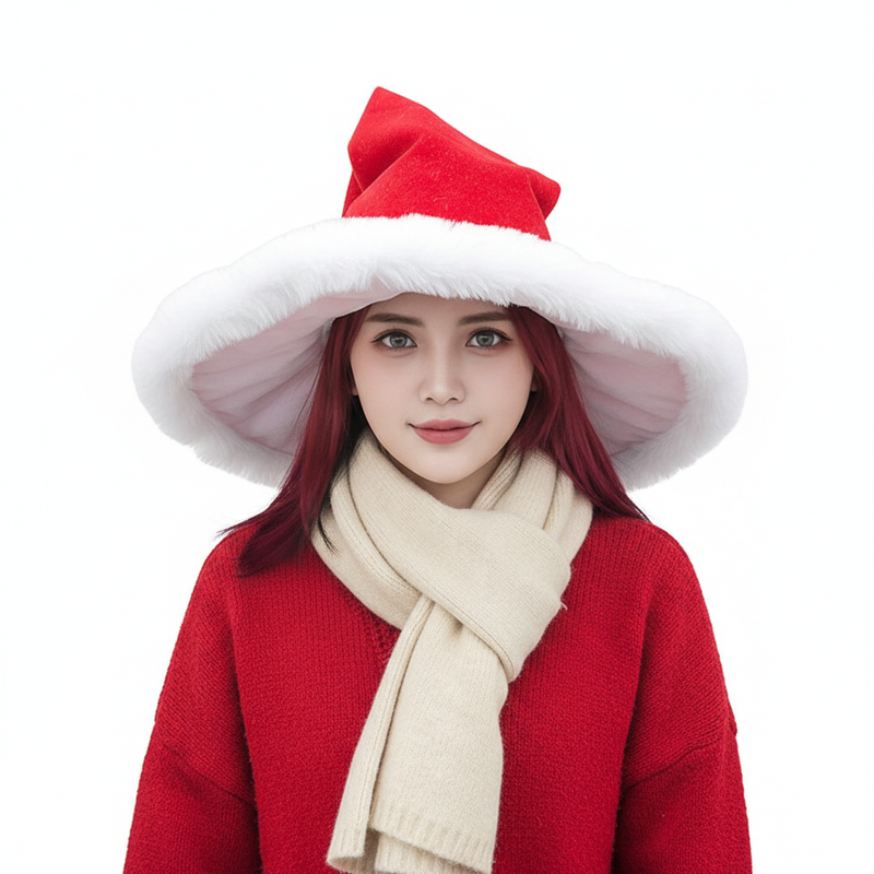 Wide Brim Santa Hat | Red Velvet Christmas Costume Cap with Faux Fur Brim