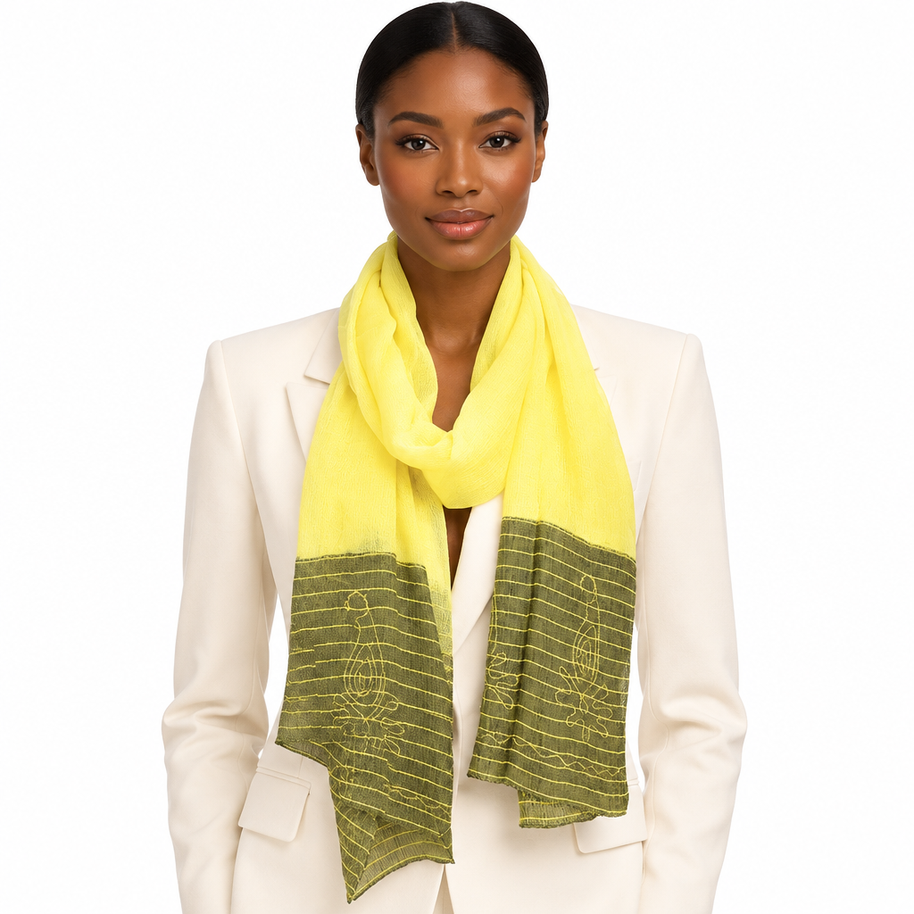 Front view, Black model in a cream blazer wearing the neon color block scarf