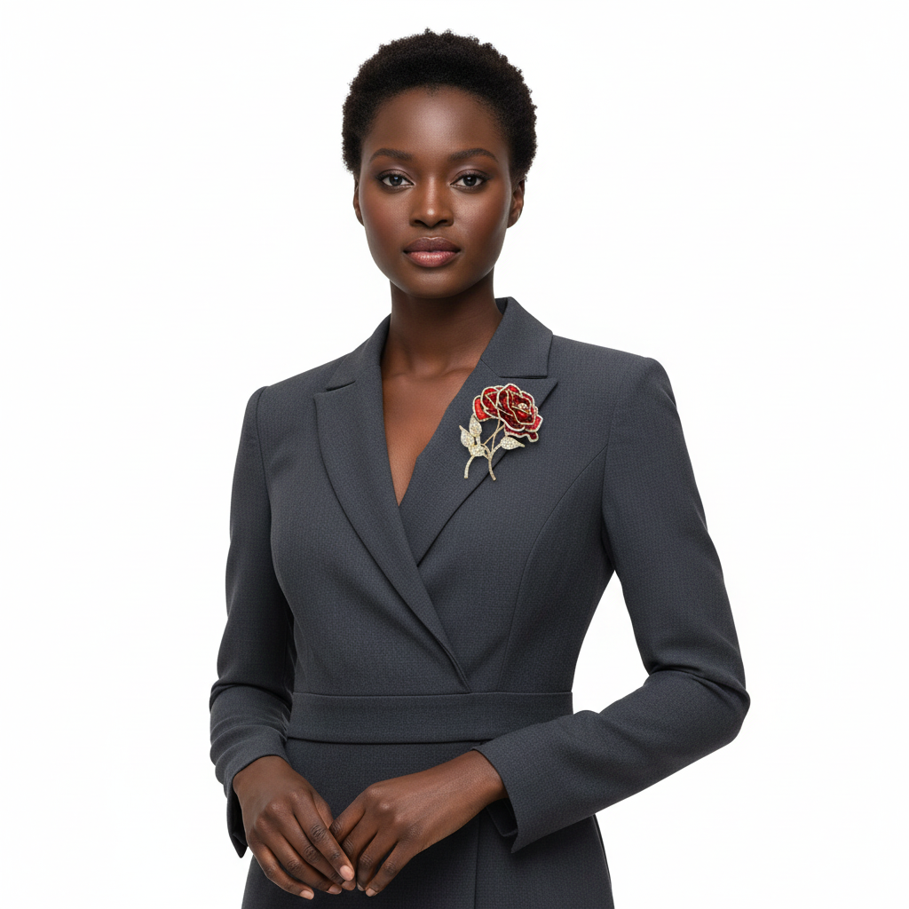 Front view: Black woman wearing the red enamel rose brooch on a lapel