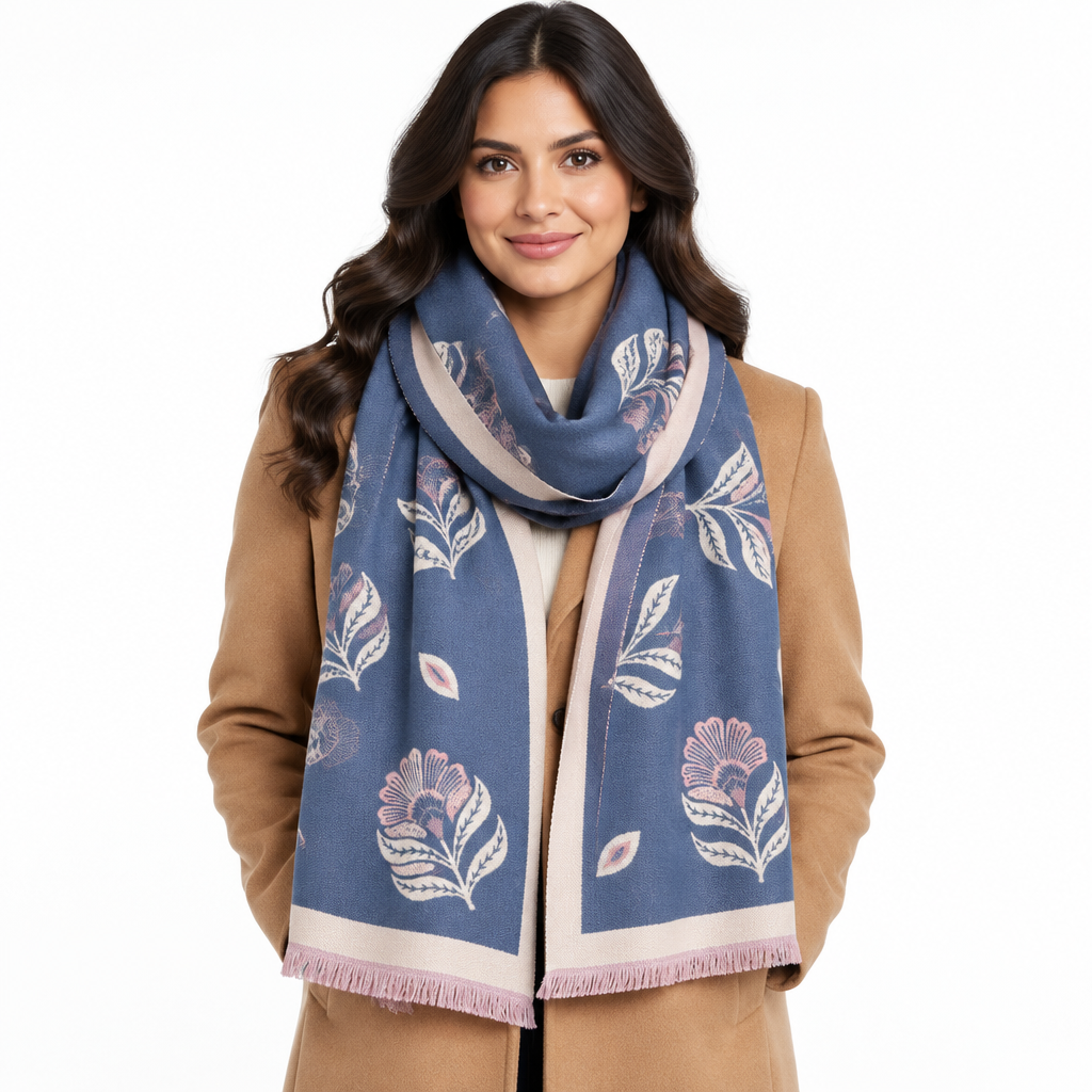 Front view, Hispanic model in a camel coat wearing the leaf print scarf