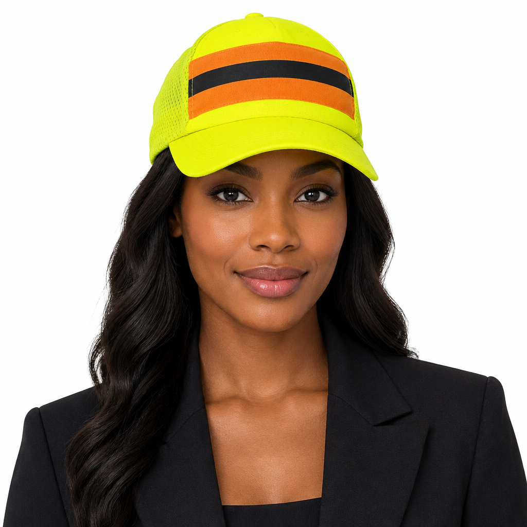Front-view lifestyle image of the high-visibility cap