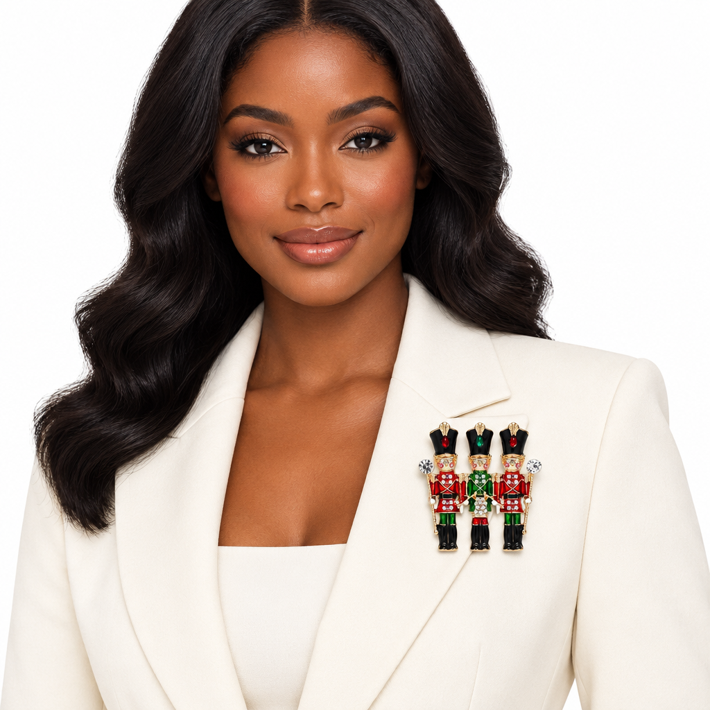 Front-view lifestyle image of the Nutcracker brooch