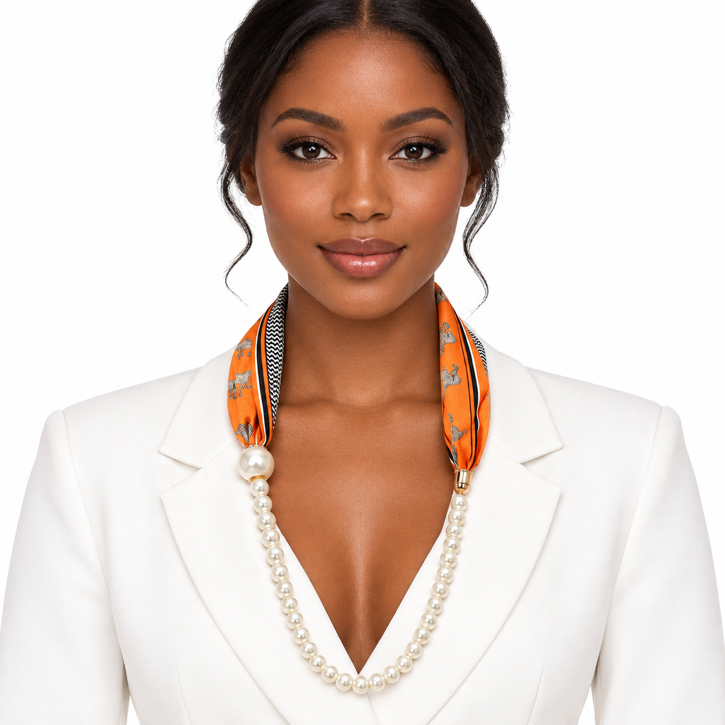 Front-view lifestyle image of the orange scarf necklace