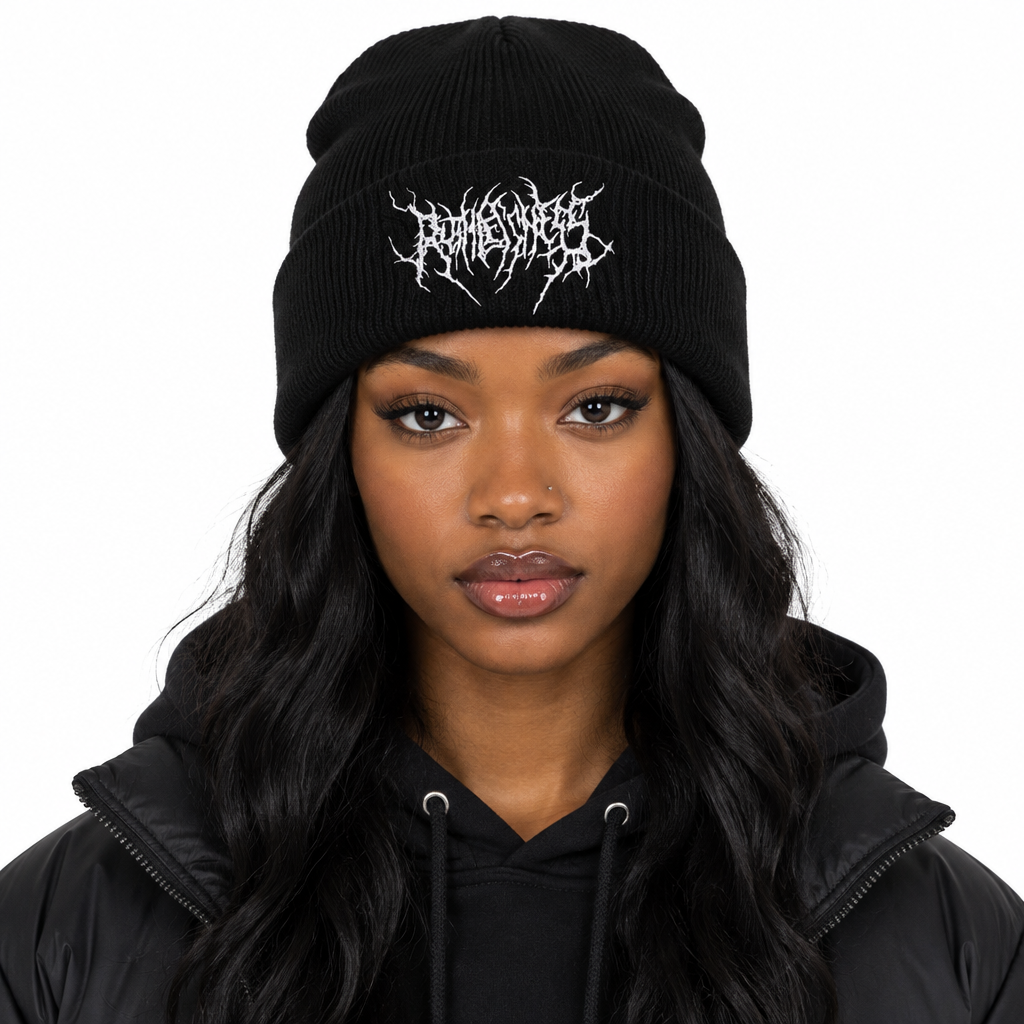 Front view lifestyle shot of black gothic embroidered beanie