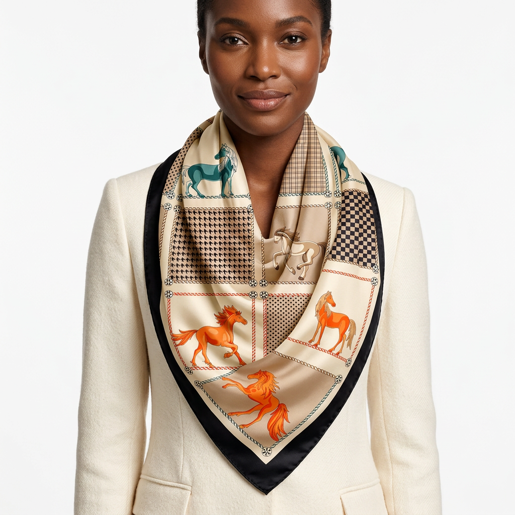 Front view lifestyle shot of model wearing the equestrian scarf