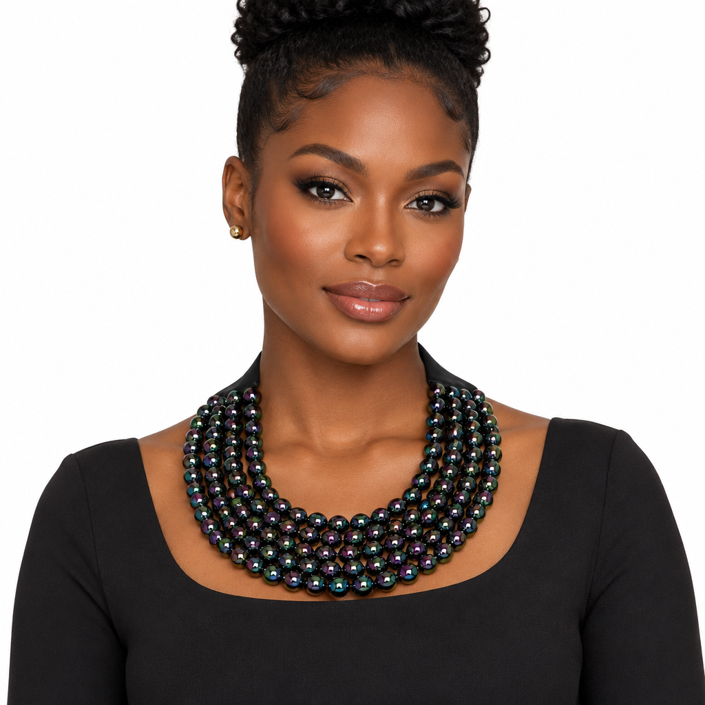 Front view lifestyle shot of the necklace on a Black woman, white background