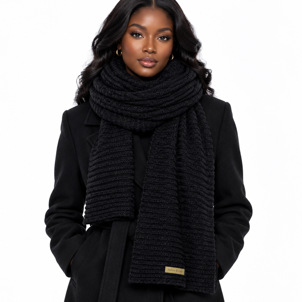 Front view of a Black model wearing the black chunky ribbed knit scarf