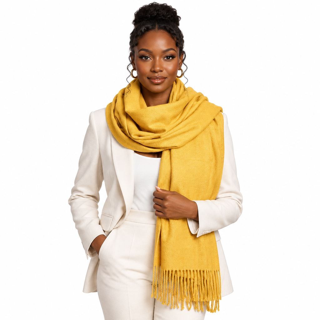 Front view of model wearing the mustard yellow tassel scarf
