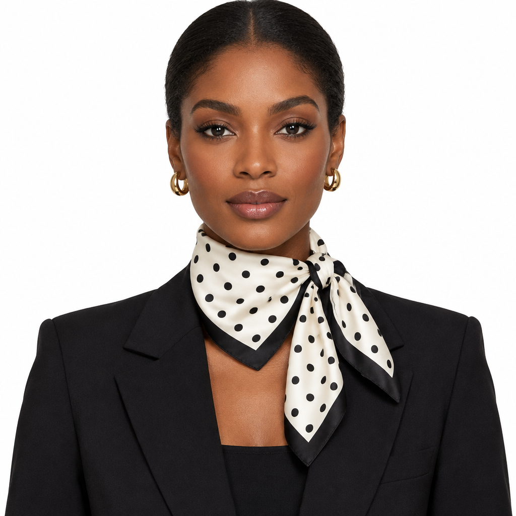 Front view of model wearing the polka dot scarf