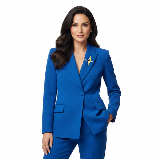 Gold brooch on cobalt blazer