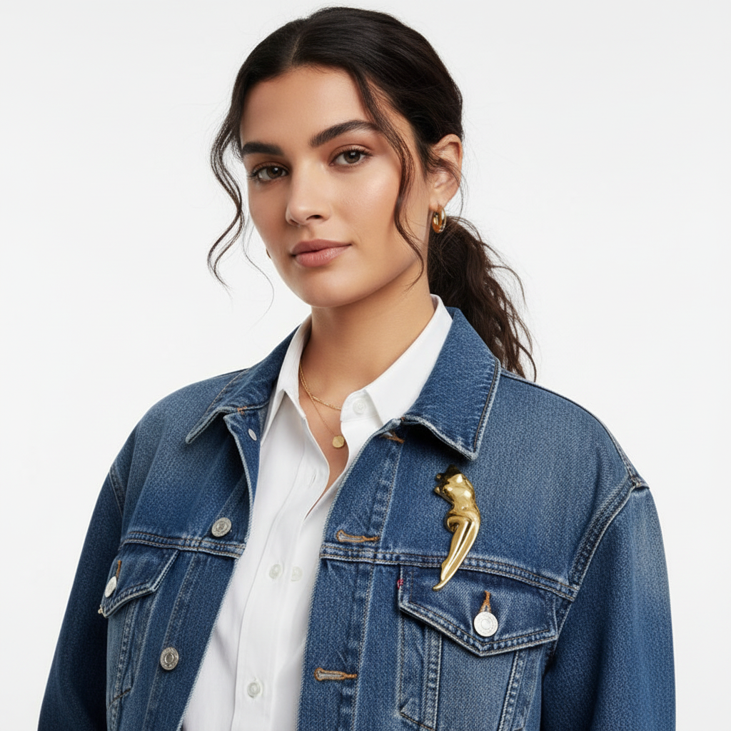 Gold brooch on denim jacket