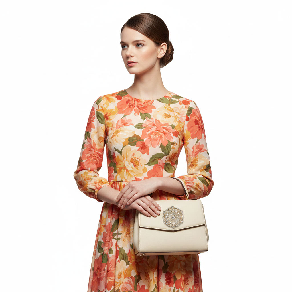 Gold brooch on floral dress