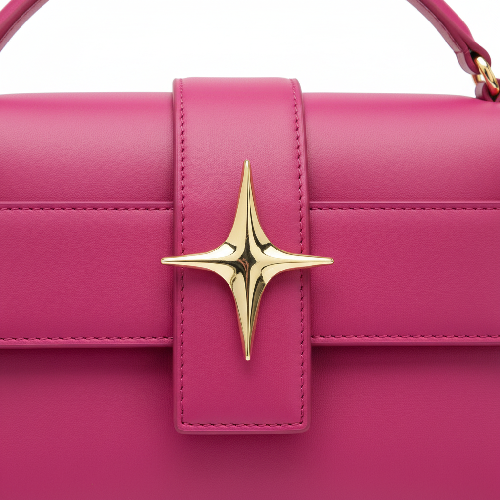 Gold brooch on fuchsia bag